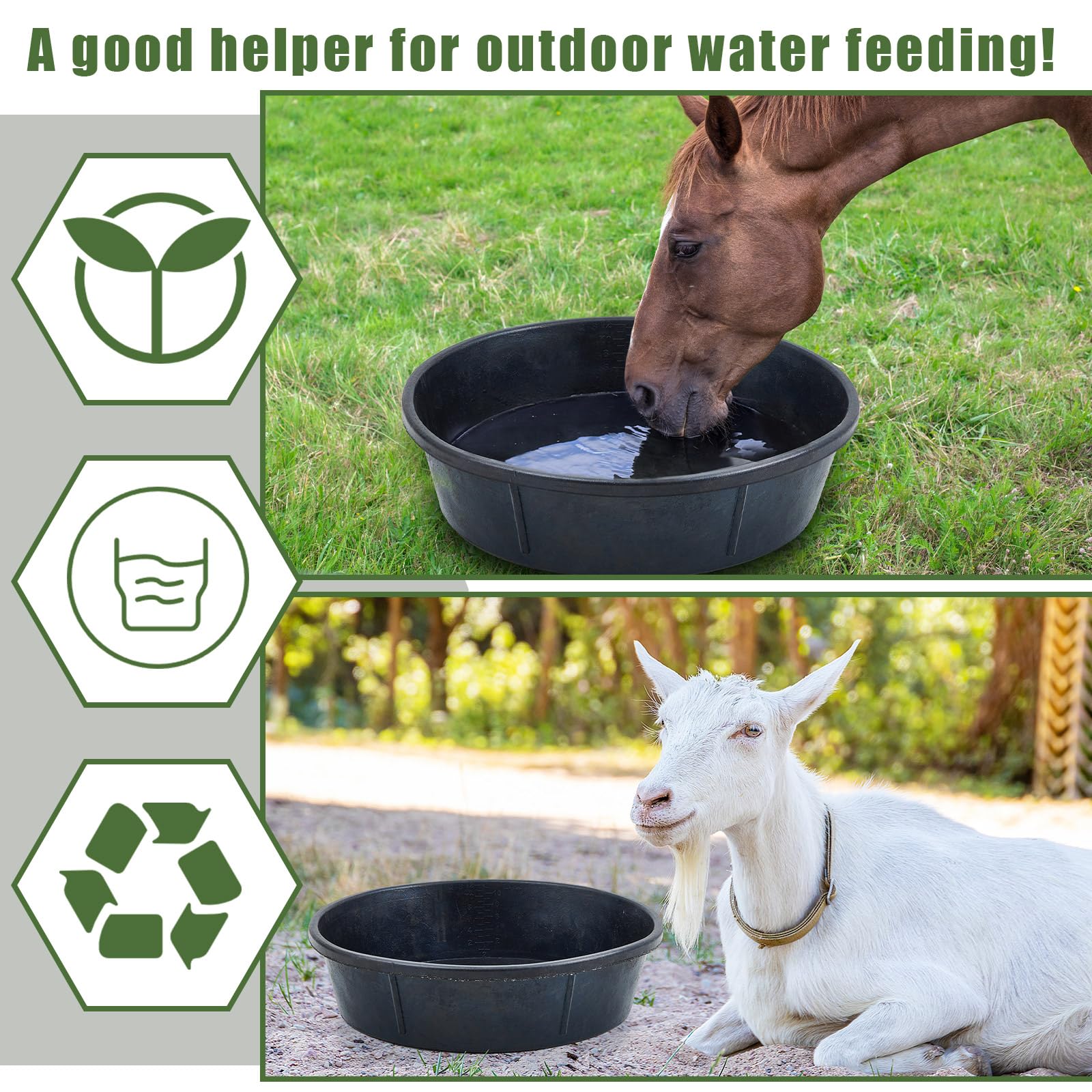 Sadnyy rubber feeder pan versatile for horses, dogs, goats, and poultry.