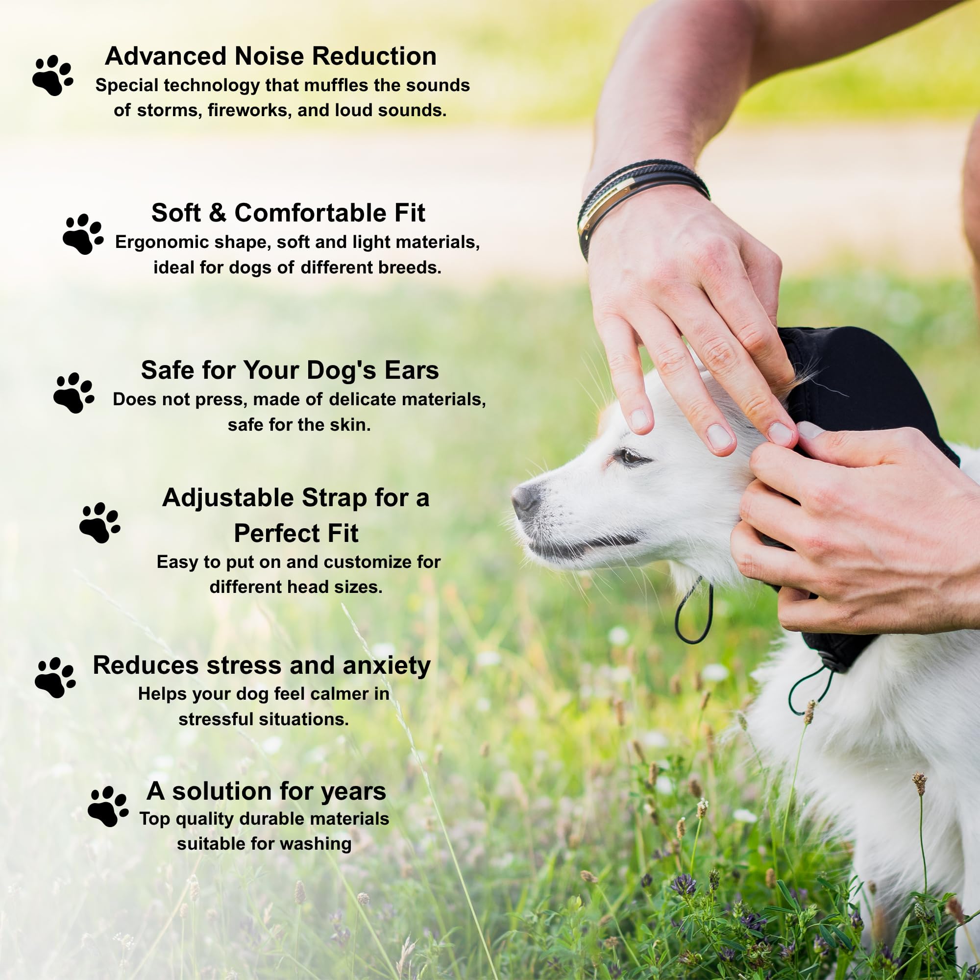 Safe Dogs Ears dog calm during grooming with blue noise-reducing muffs.