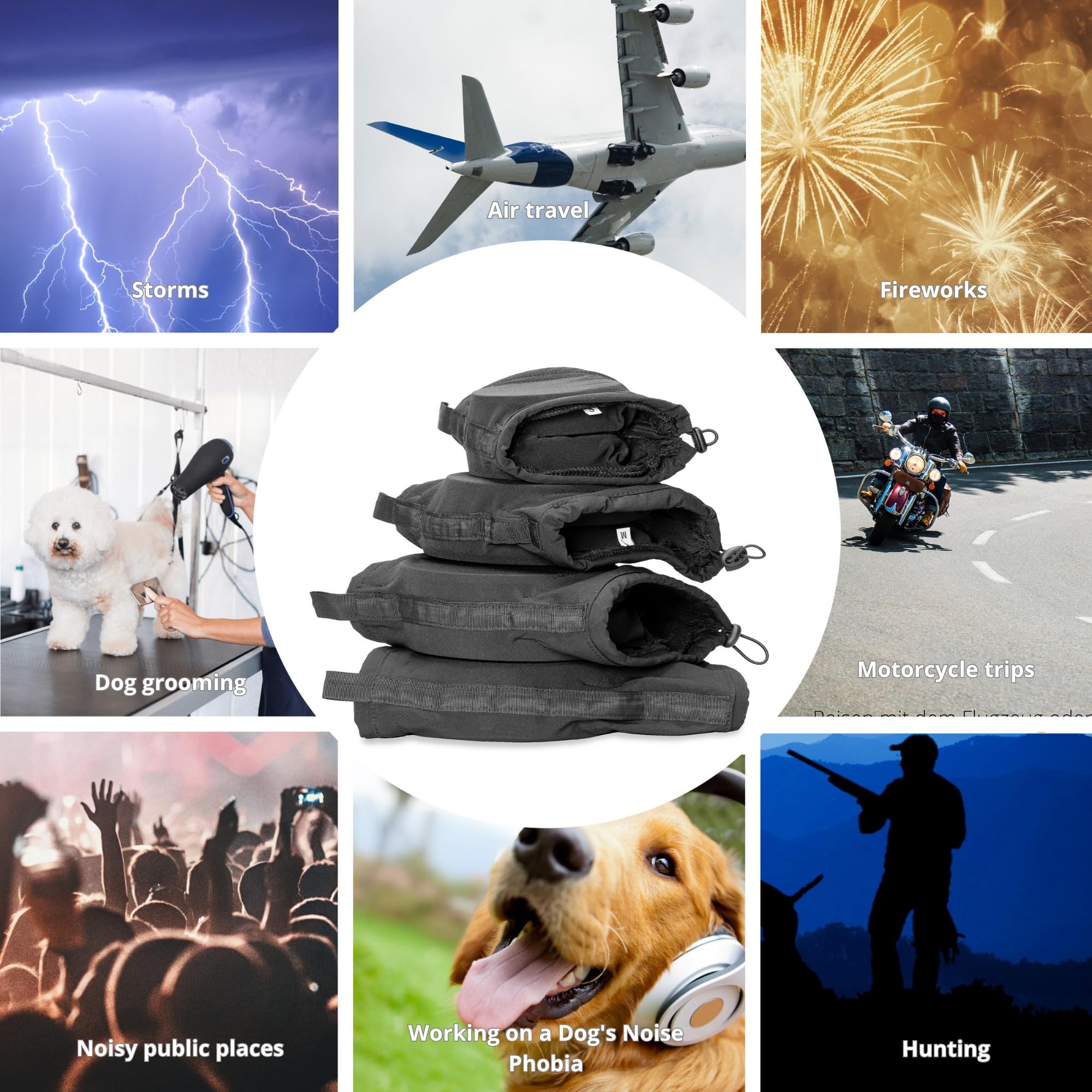 Safe Dogs Ears blue image suggests reduced noise anxiety during fireworks.