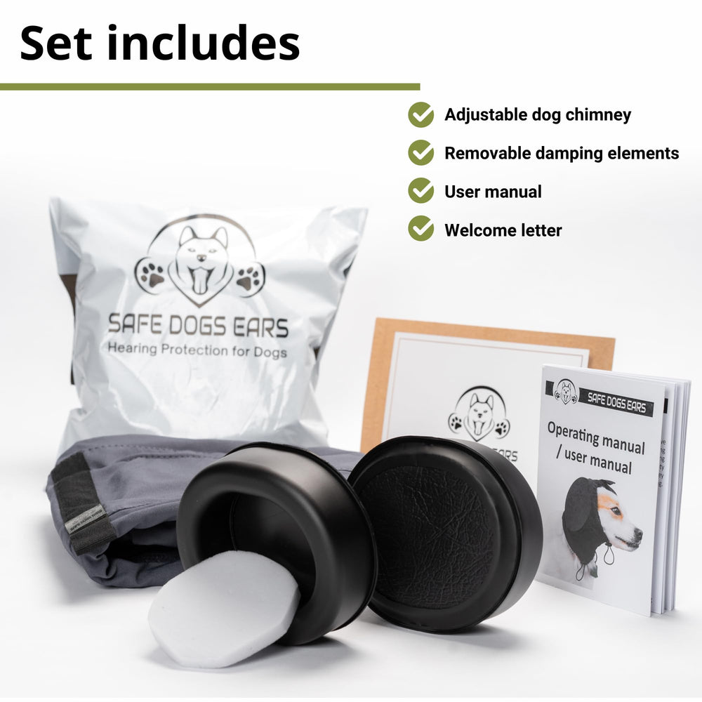 Safe Dogs Ears small blue model on dog for travel and events.