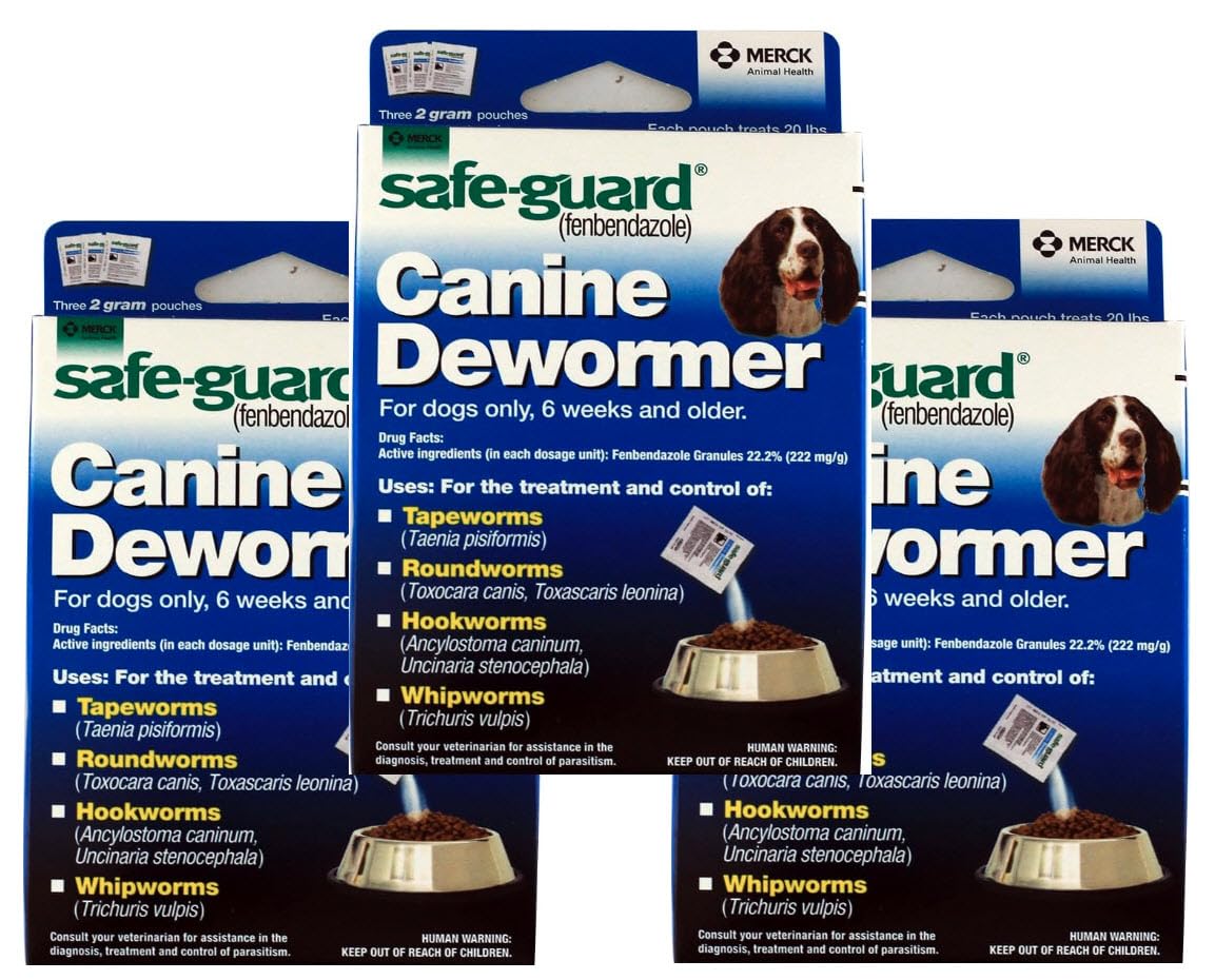 SAFE-GUARD canine dewormer 3-pack packaging highlights convenient dose-ready pouches for home dosing.