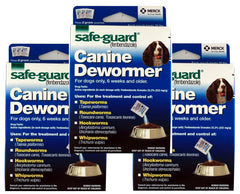 SAFE-GUARD canine dewormer 3-pack packaging highlights convenient dose-ready pouches for home dosing.