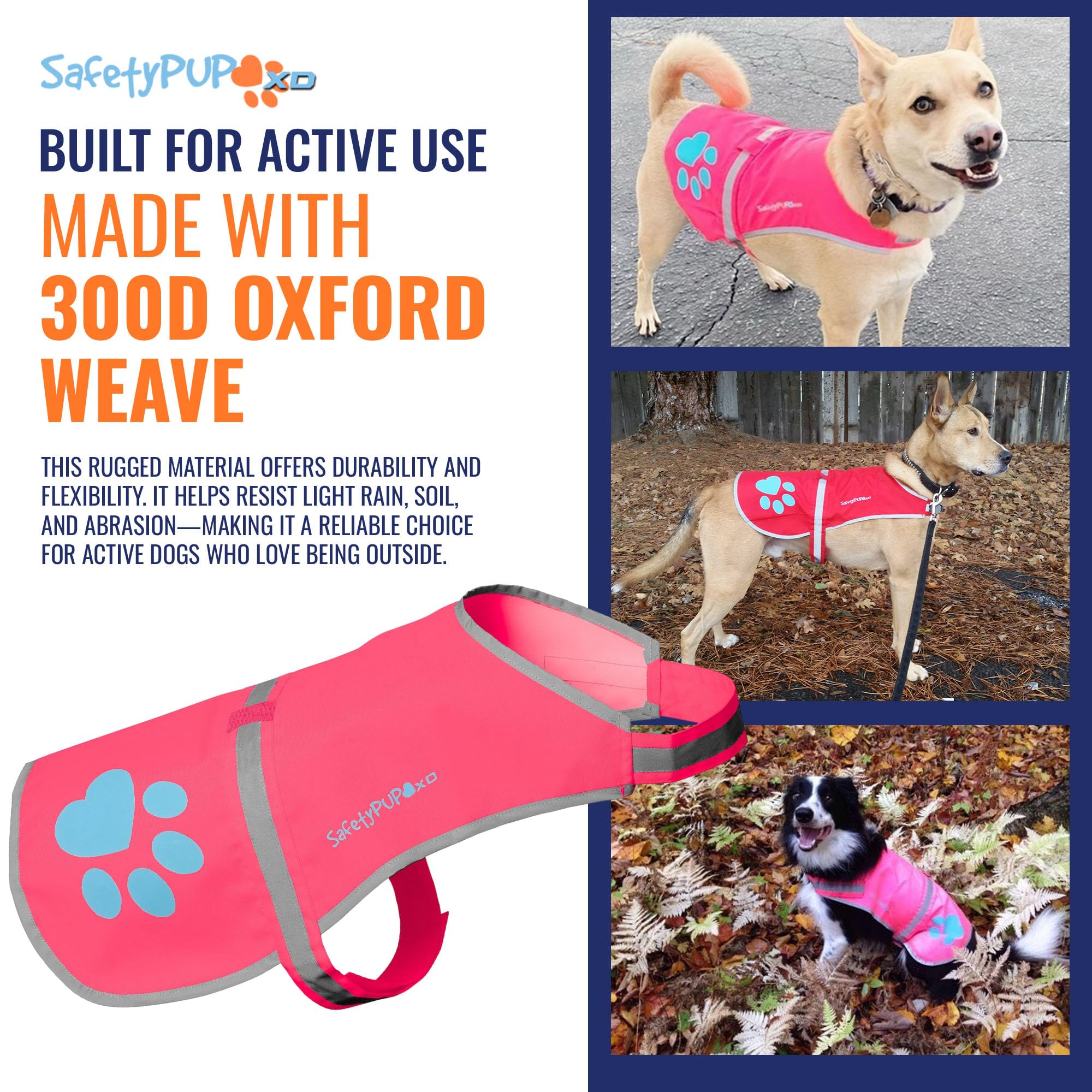 SafetyPUP XD pink reflective-strip boosts visibility from multiple angles.