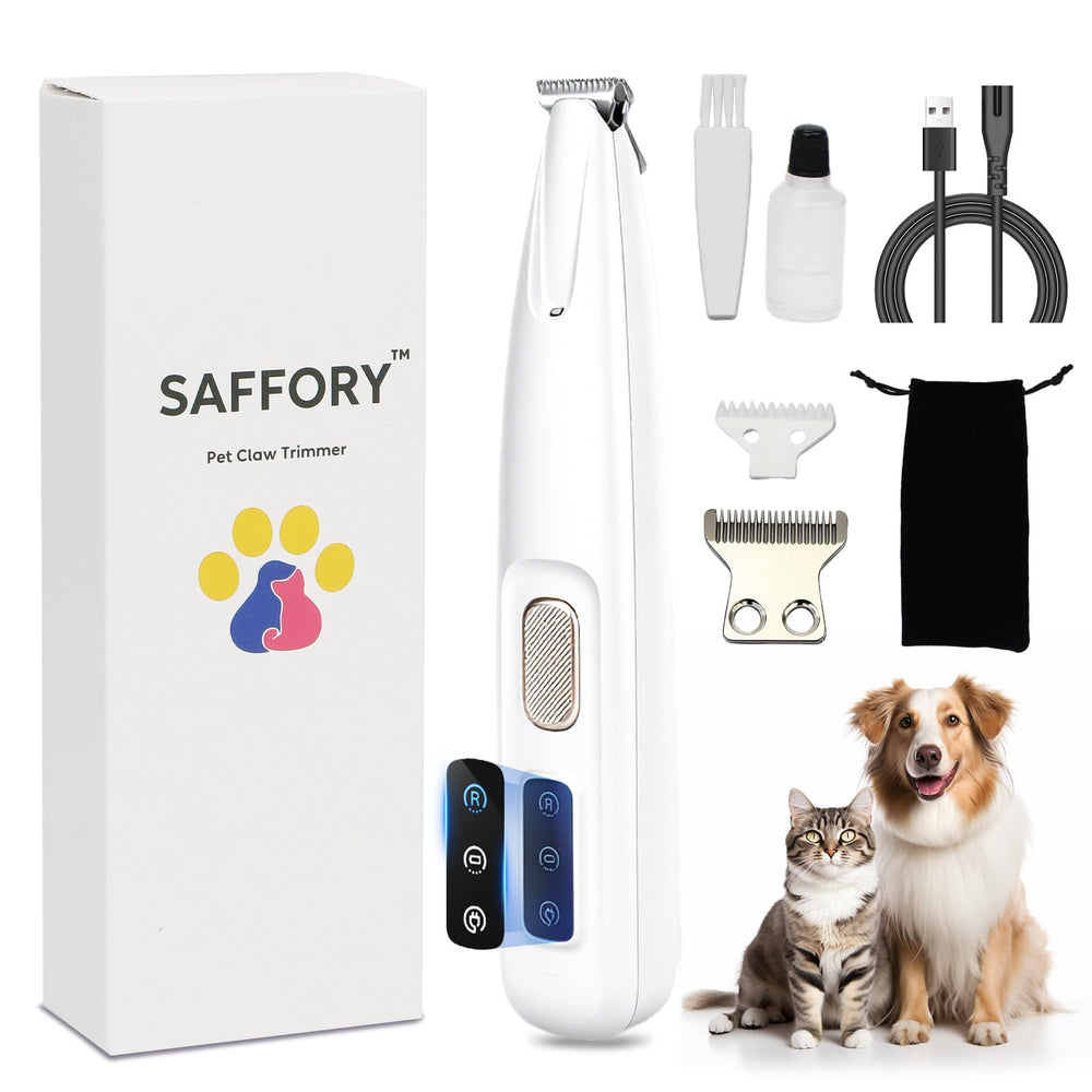 Saffory Dog Paw Trimmer with LED light for precise paw grooming in low light.