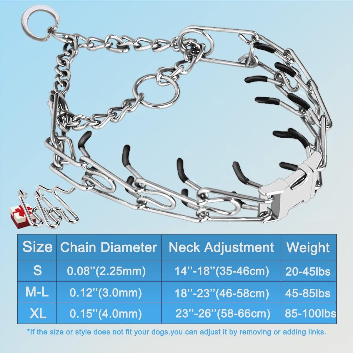 Safiman prong collar two extra links included for quick, safe size adjustments across breeds.
