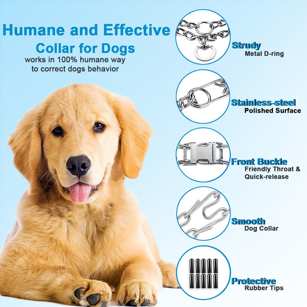 Safiman prong collar soft rubber caps add comfort as mild correction occurs during leash guidance.