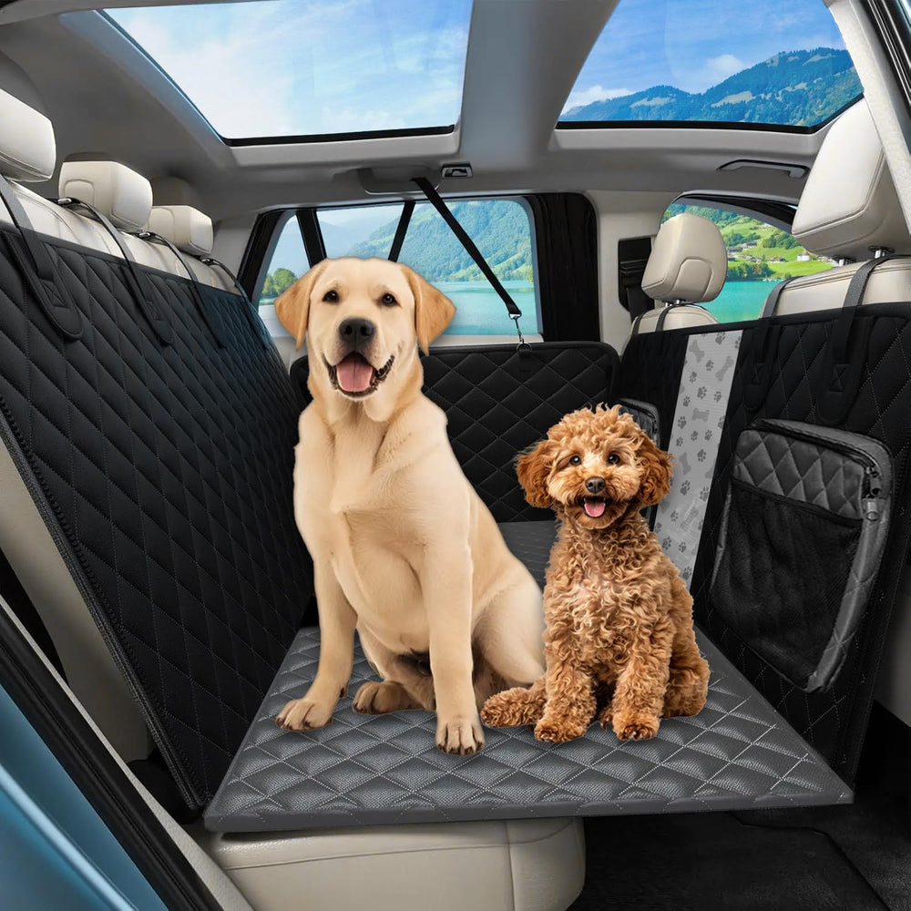 Sajoda hard bottom dog car seat cover on backseat offers secure, comfortable rides.