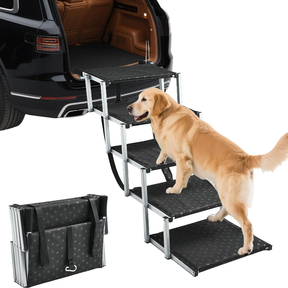 Saker foldable dog ramp assembled shows heavy-duty construction and stable support up to 200 pounds.
