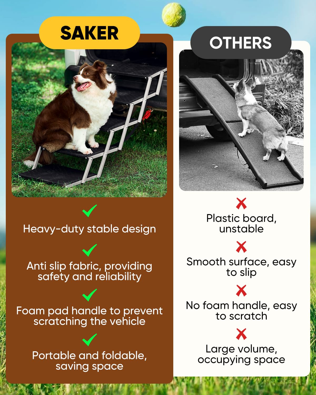 Saker foldable dog ramp folded for compact storage highlights portability and space-saving design.