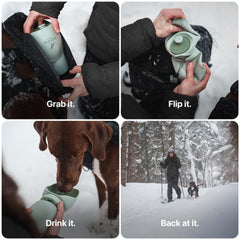Saker bottle folded to banana size shows compact carry for backpacks and pockets.