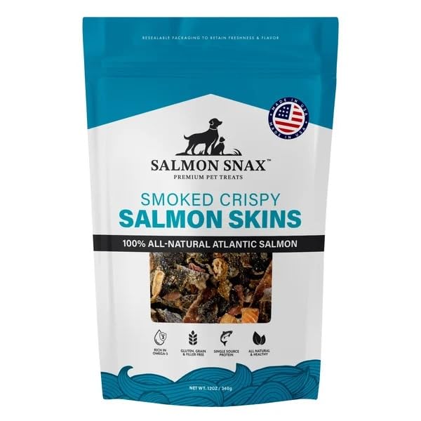 Salmon Snax smoked-skin packaging highlights 100% Atlantic salmon single-protein for simple nutrition