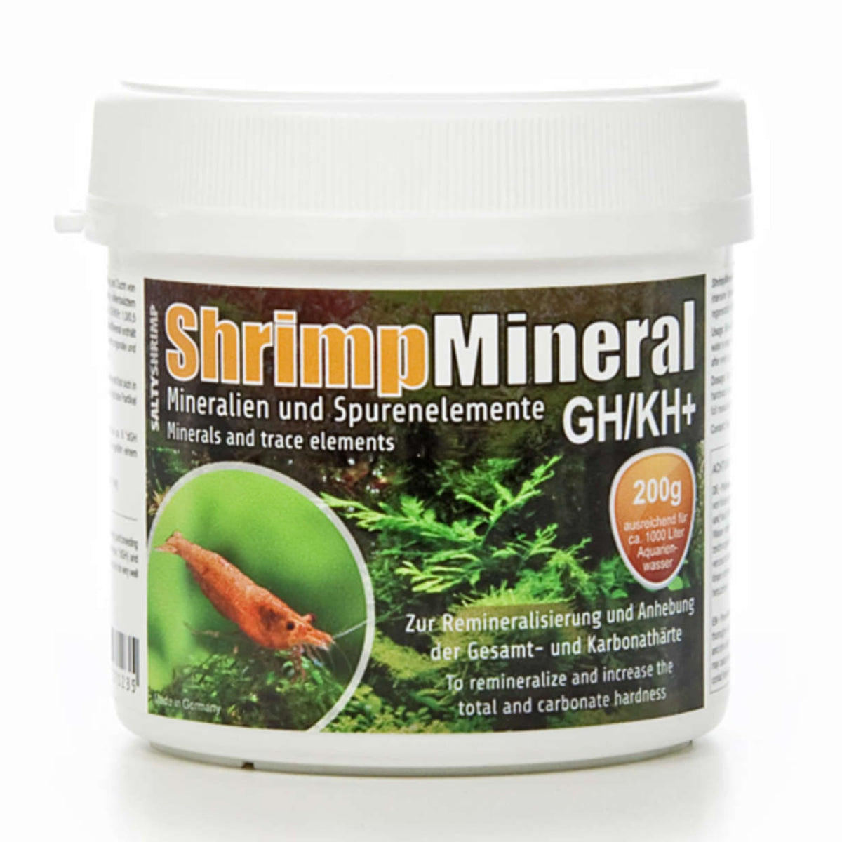 SaltyShrimp Shrimp Mineral GH/KH+ bottle for remineralizing water, supporting shrimp health and color