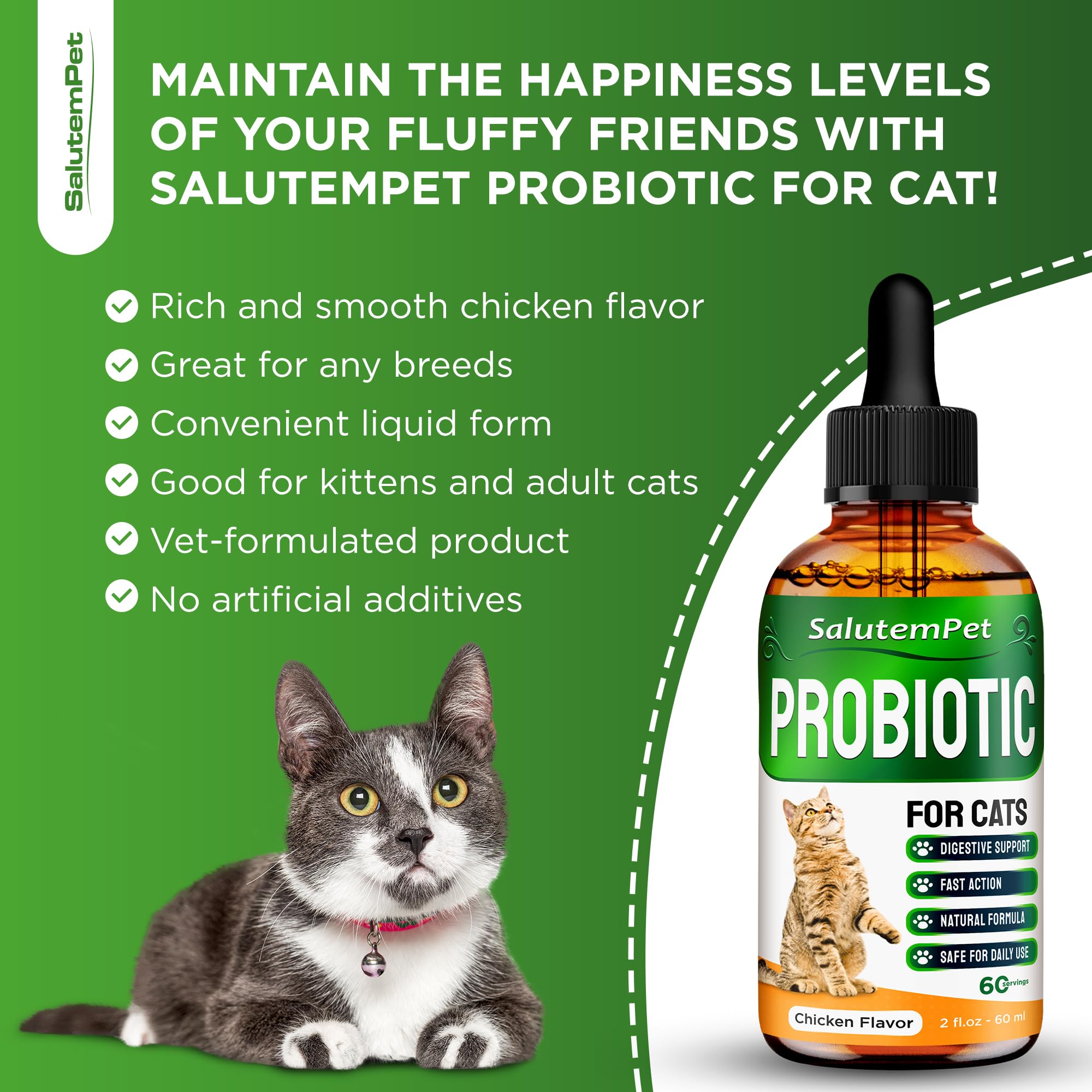 SalutemPet dosing guide shows simple administration for cats.