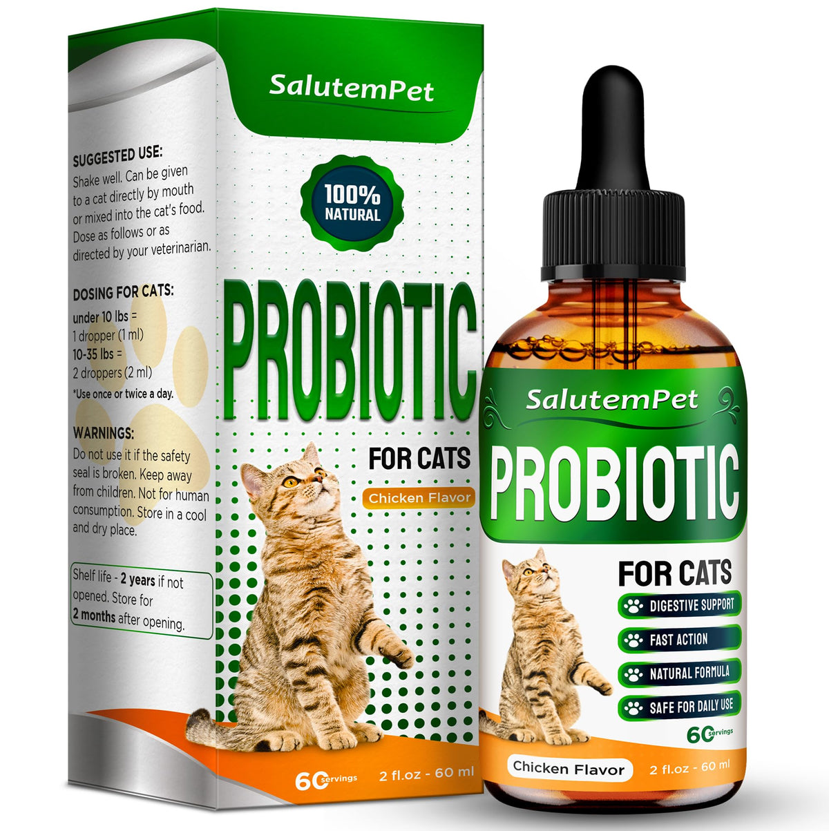 SalutemPet cat probiotics liquid bottle for digestive support.