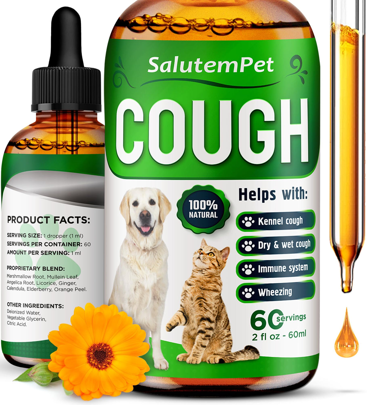 SalutemPet kennel cough liquid drops with dropper for easy at-home dosing.