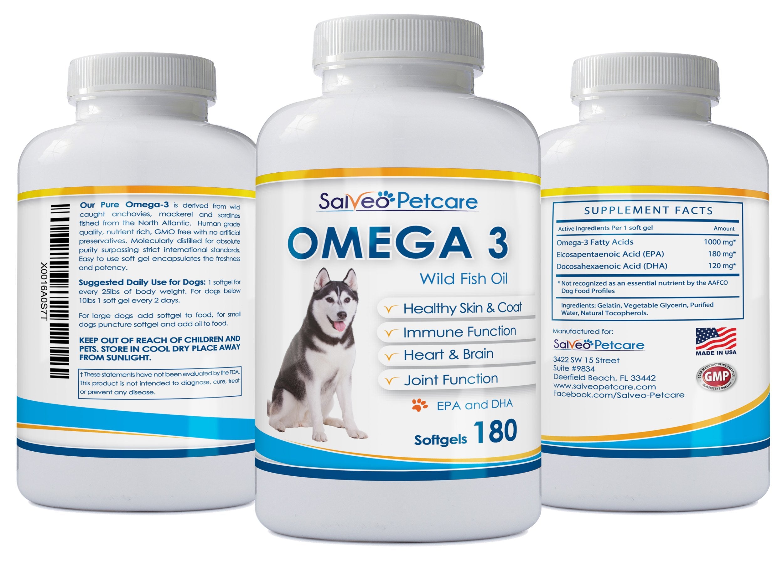 Salveo Omega-3 Dogs DHA and EPA focus image suggests support for heart, joints, and brain function.