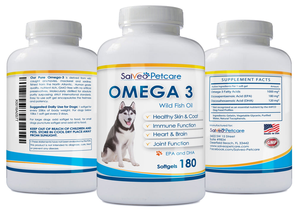 Salveo Omega-3 Dogs DHA and EPA focus image suggests support for heart, joints, and brain function.