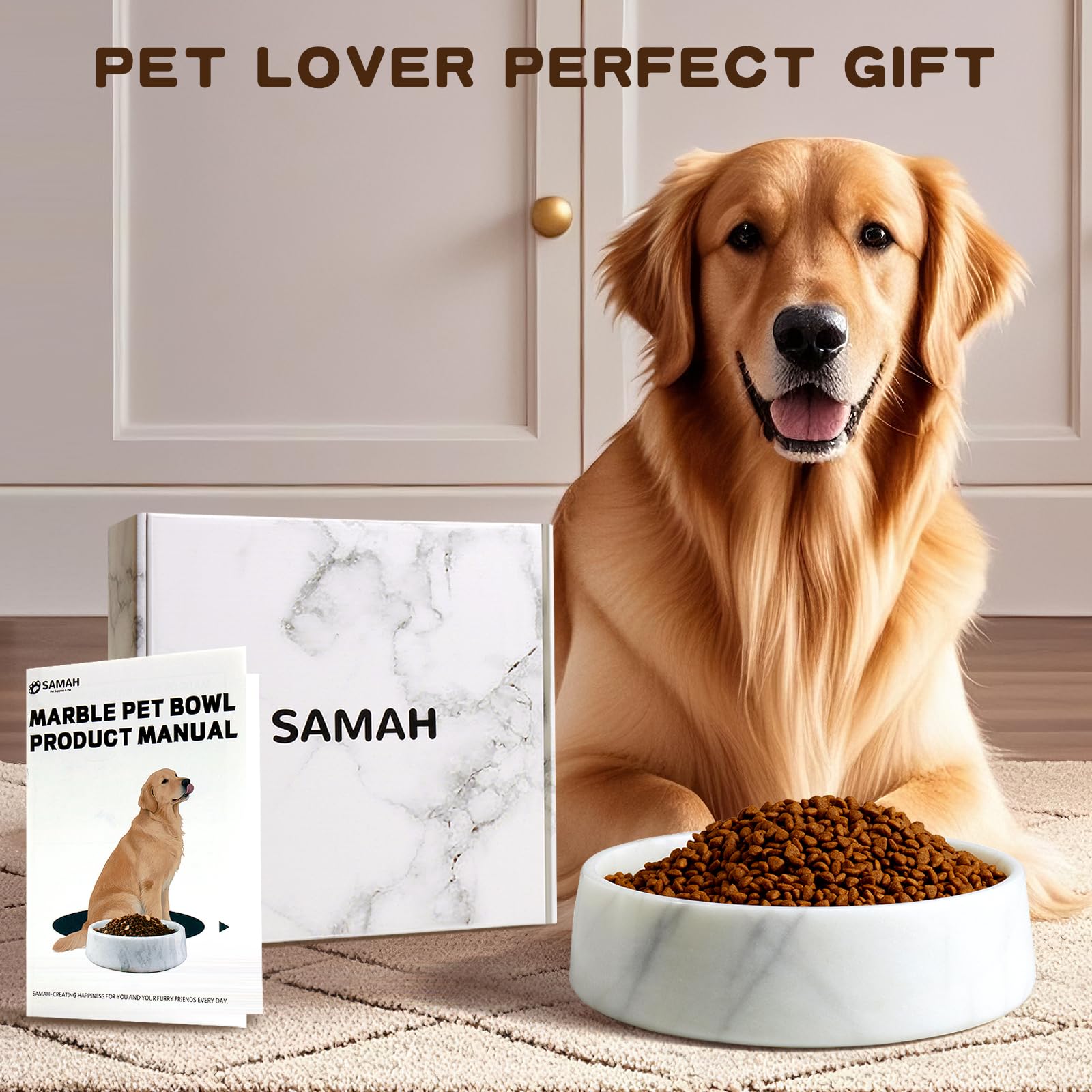 SAMAH white marble dog bowl 6-cup-capacity shows generous feeding size