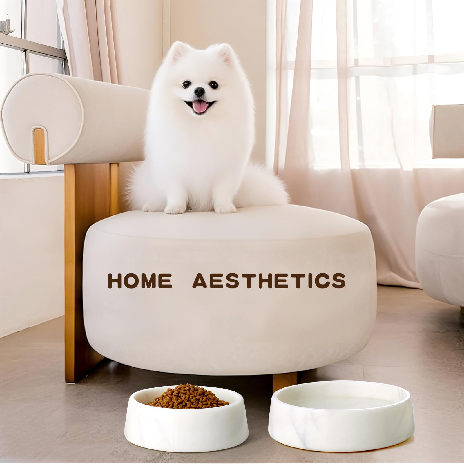 SAMAH white marble dog bowl base non-slip demonstrates stable feeding