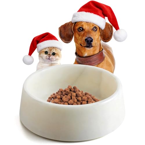 SAMAH white marble dog bowl full view showcases elegant texture and 4-cup capacity.