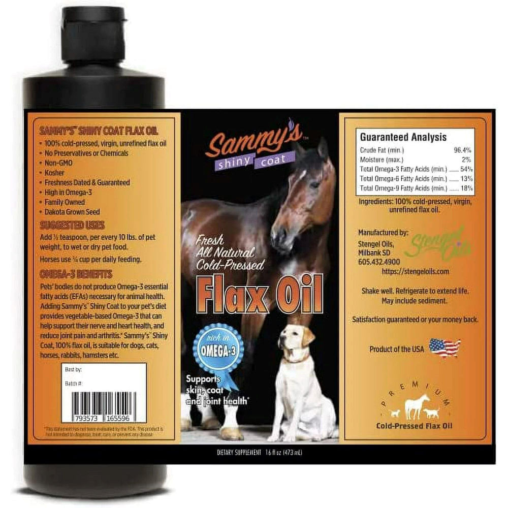 Sammy's Shiny Coat flaxseed oil label highlights True Cold Pressed purity and American sourcing.