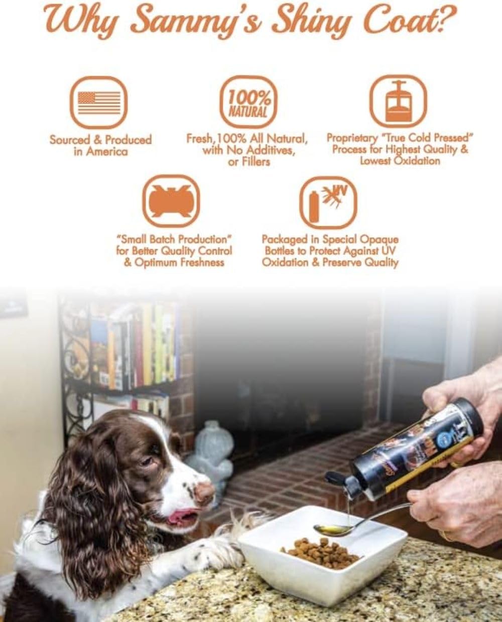 Sammy's Shiny Coat flaxseed oil pour demonstrates easy daily dosing for skin and coat care.