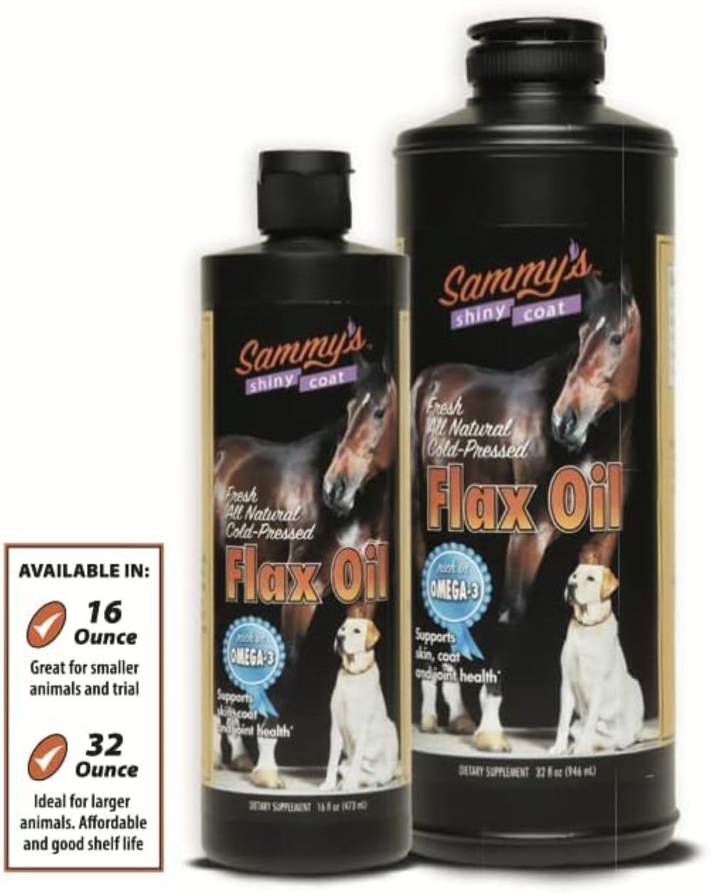 Sammy's Shiny Coat flaxseed oil seal proves American-made, safe production in FDA-registered facility.