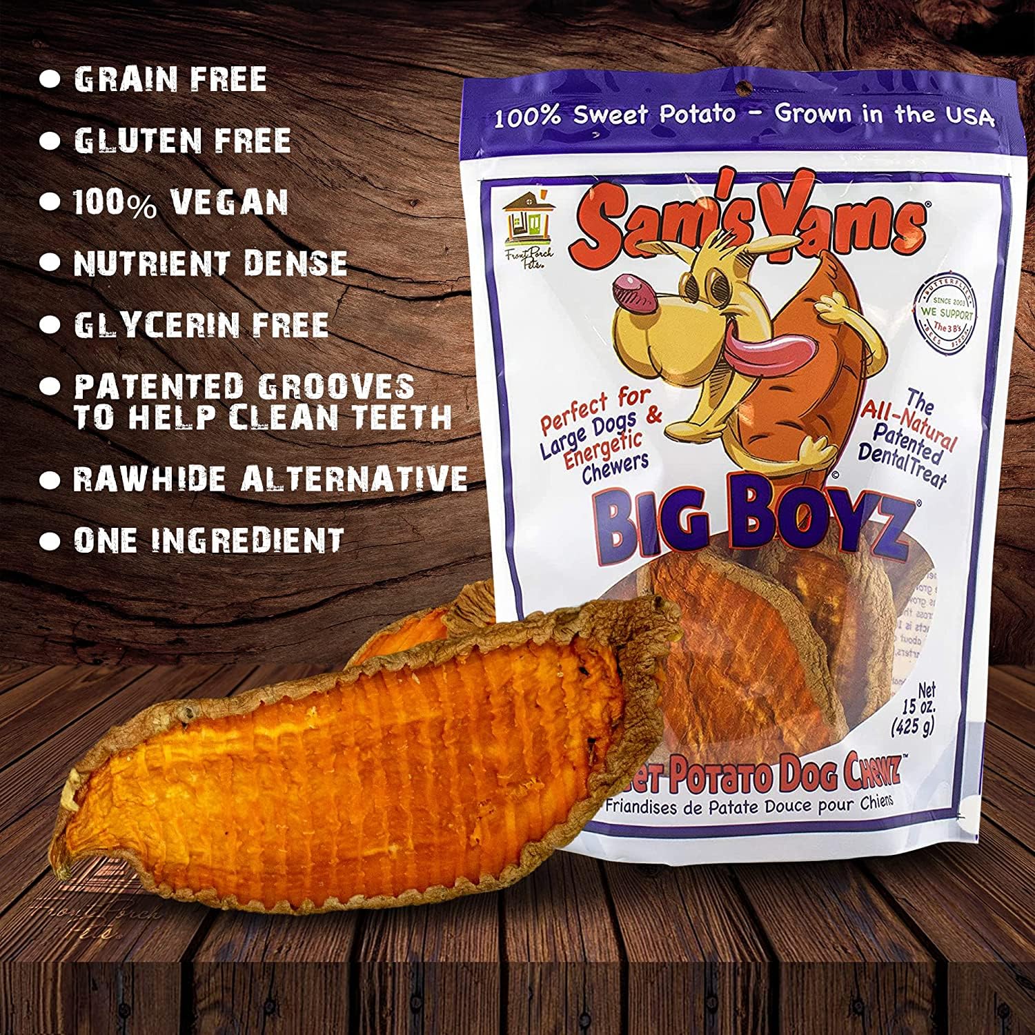 Sams Yams big-dog chew groove design demonstrates engaging chewing action for potential dental benefits.