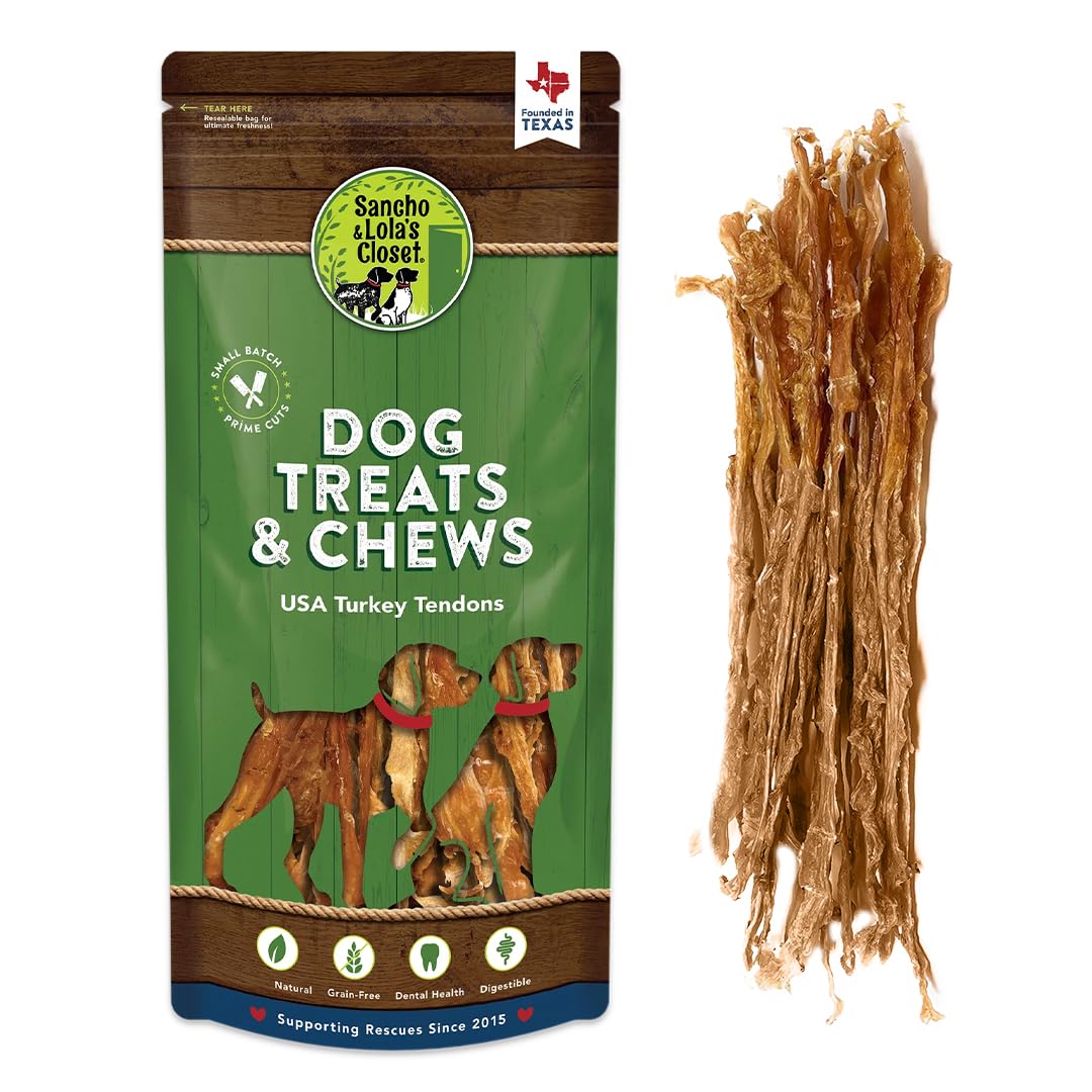 Sancho & Lola’s Turkey Tendons bag—long-lasting chew for healthy, happy pups.