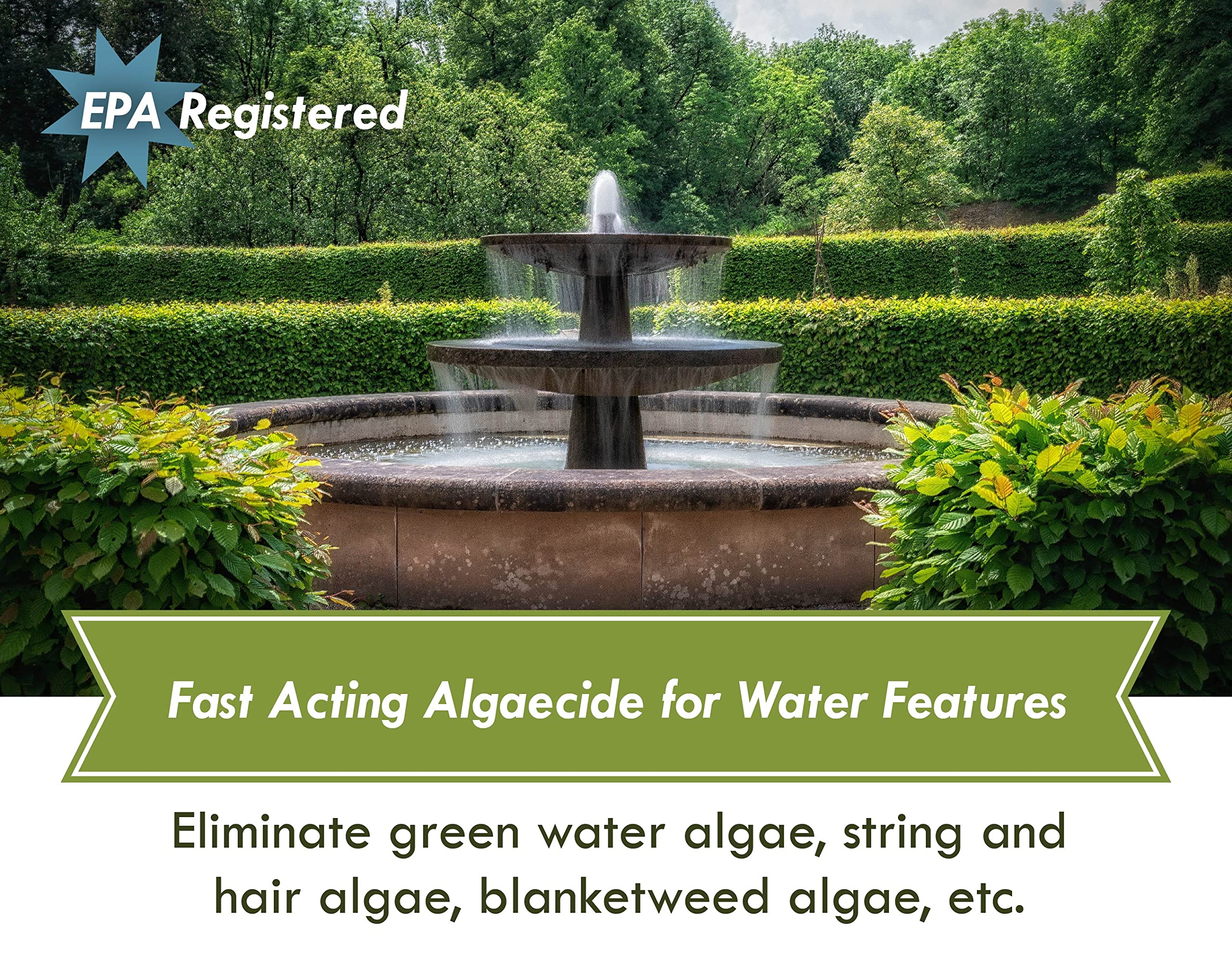 Sanco Fountain Algaecide clarifies pond water for ornamental features.