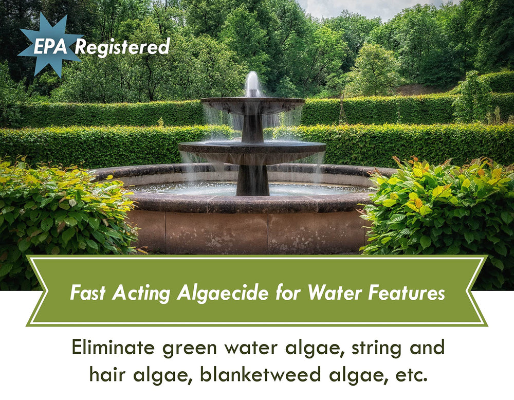 Sanco Fountain Algaecide clarifies pond water for ornamental features.