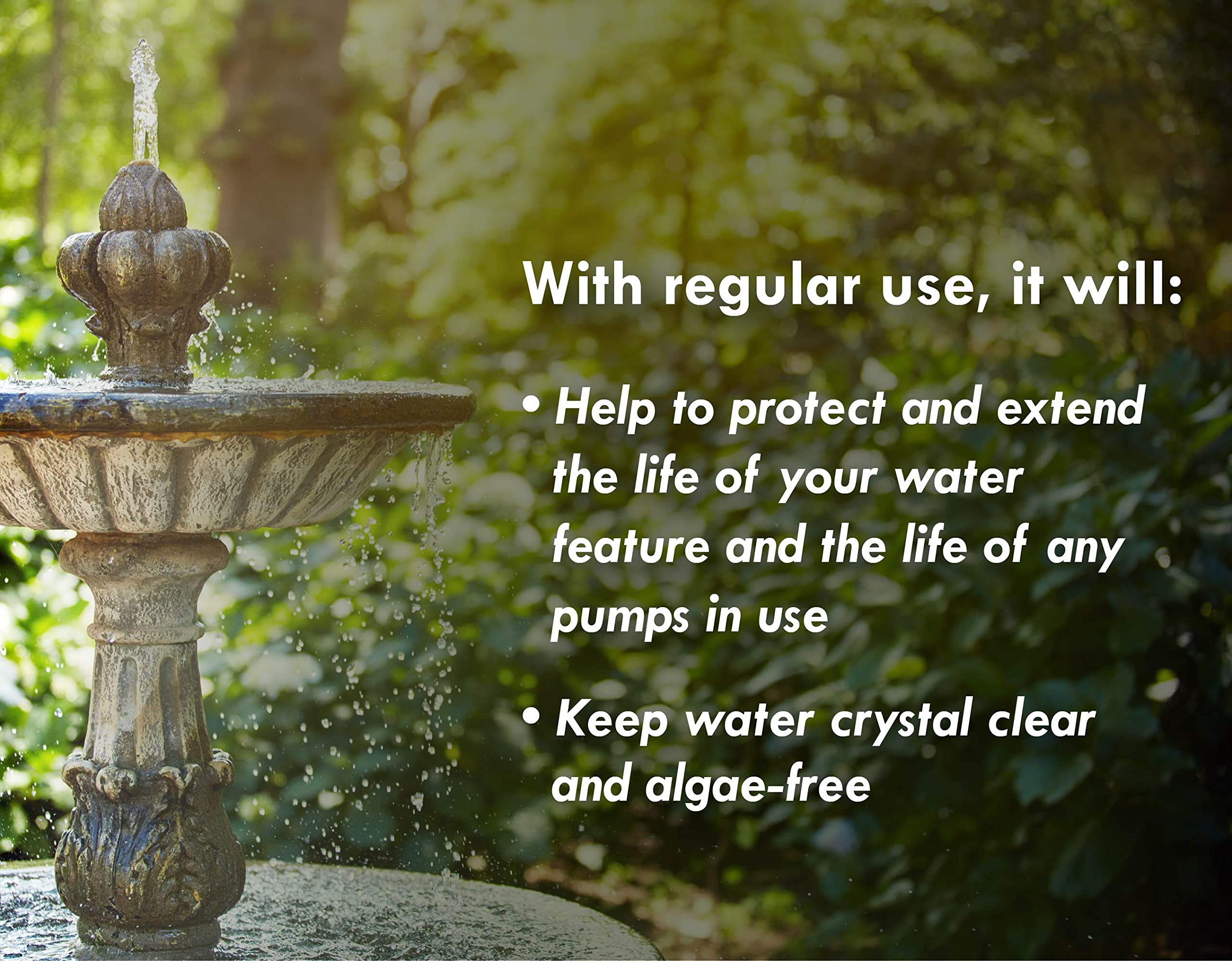 Sanco Fountain Algaecide targets green water in water features and gardens.