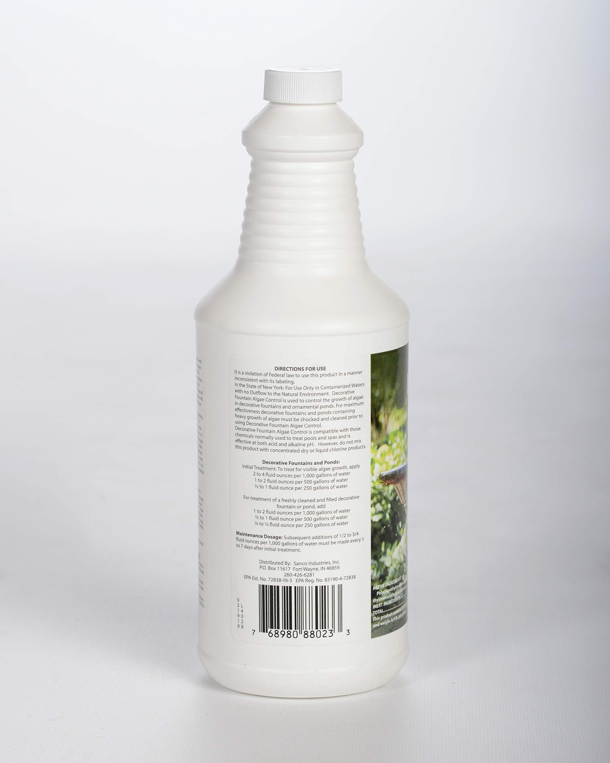 Sanco Fountain Algaecide package shows 32oz bottle with directions.