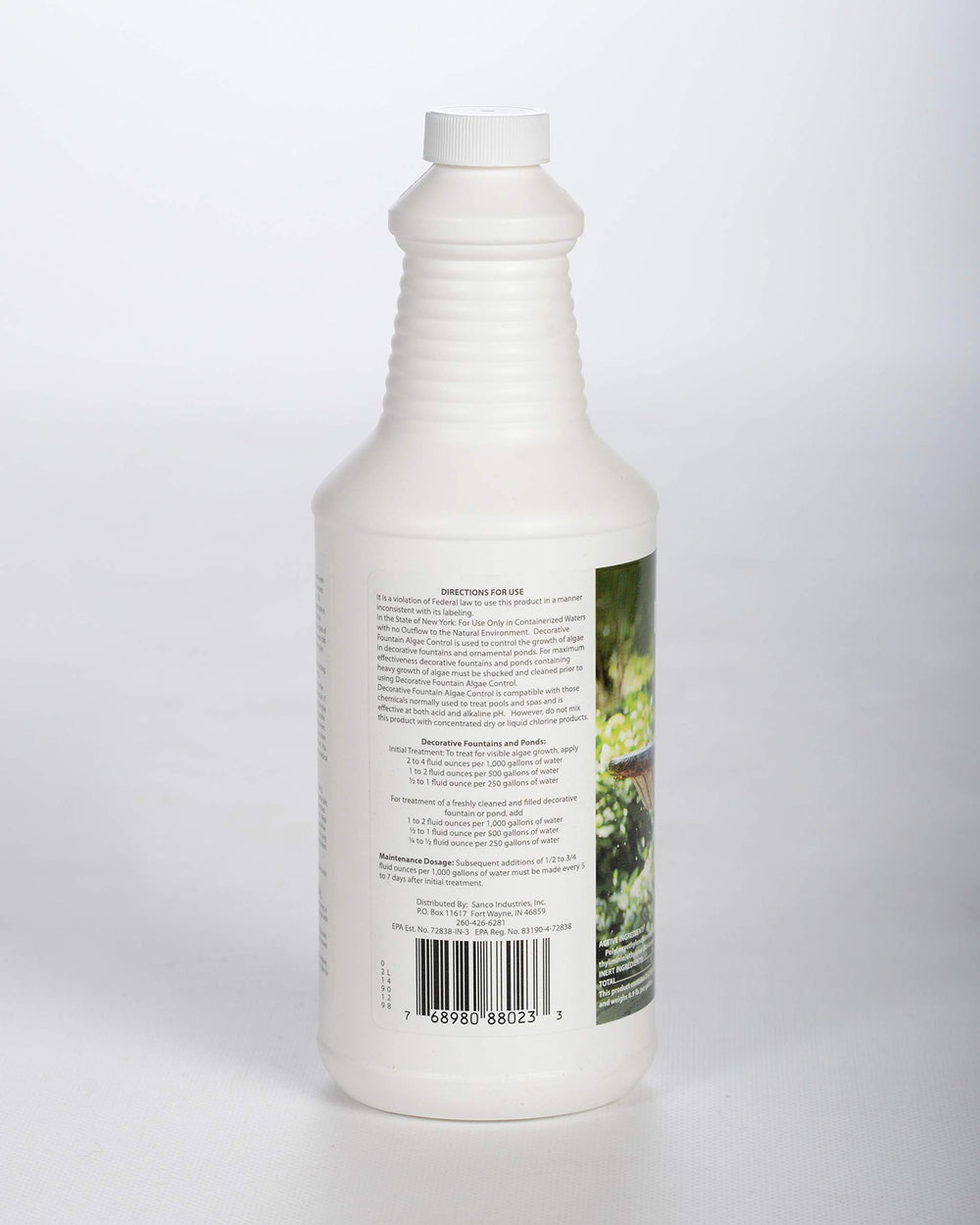 Sanco Fountain Algaecide package shows 32oz bottle with directions.