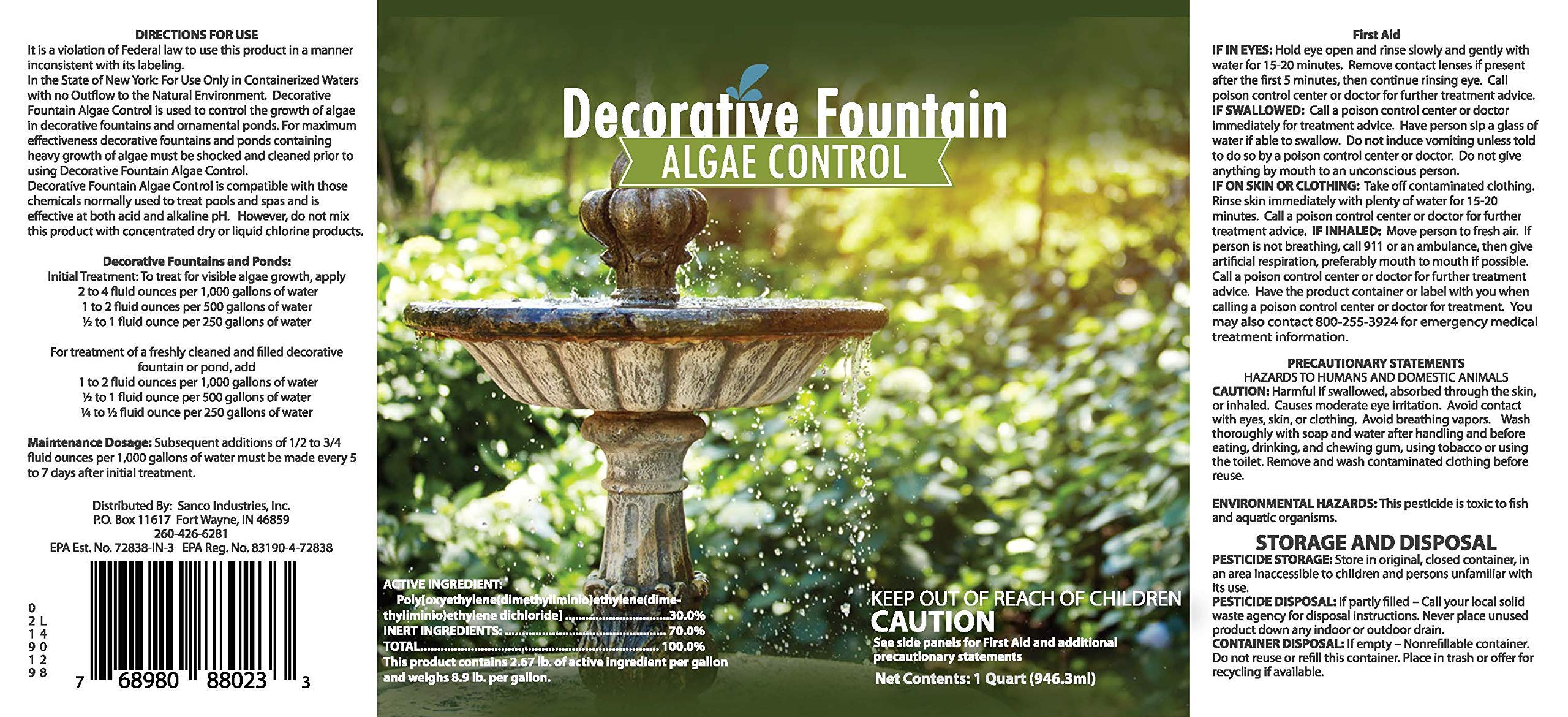 Sanco Fountain Algaecide ideal for small ponds and water features.