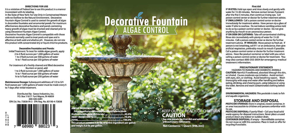 Sanco Fountain Algaecide ideal for small ponds and water features.