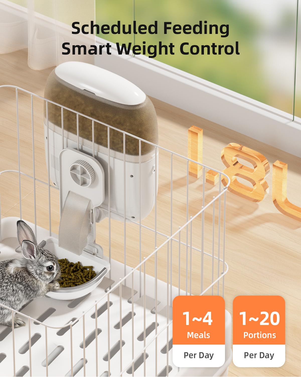 Sandpoy hanging rabbit feeder mounting system highlights off-floor setup for cleaner feeding area.