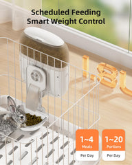 Sandpoy hanging rabbit feeder mounting system highlights off-floor setup for cleaner feeding area.