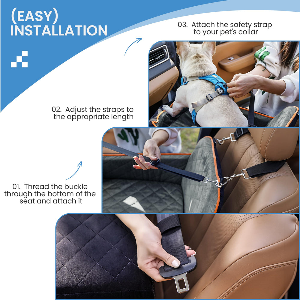 Sangoodier dog car seat elevated bed on car ride highlights nap-ready comfort.