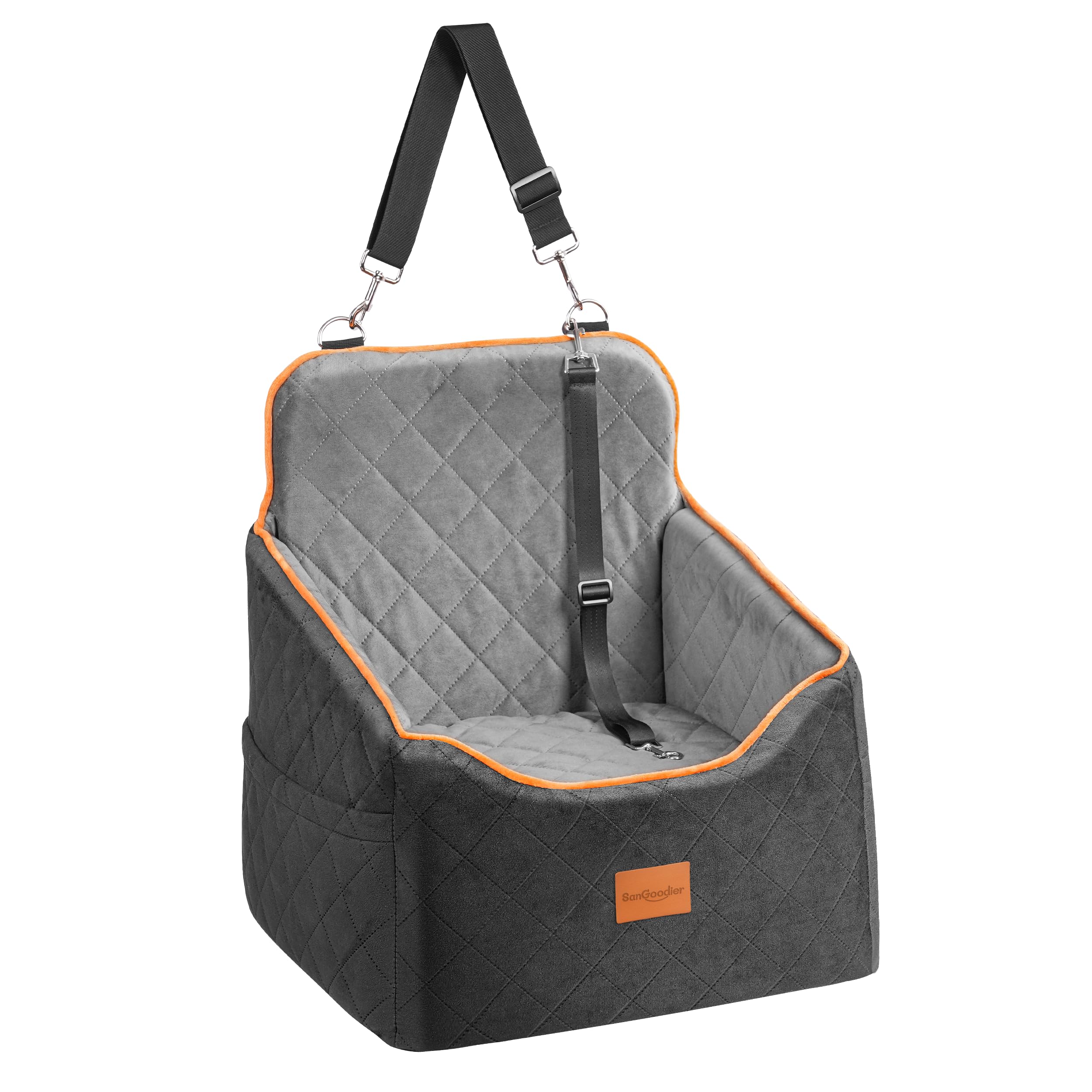 Sangoodier dog car seat inside back seat demonstrates secure travel and cozy comfort.