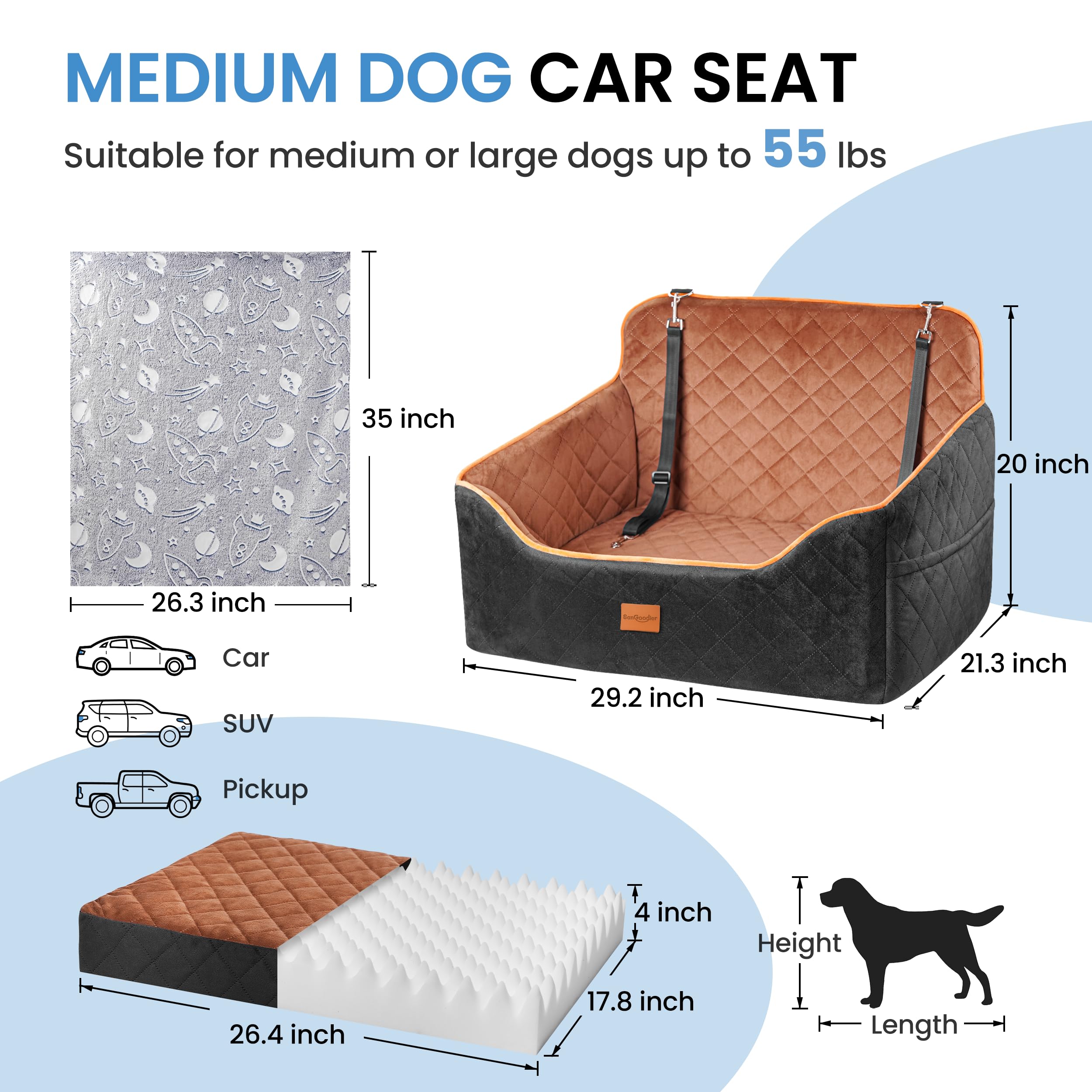 Sangoodier dog car seat medium front view showing cozy booster bed.