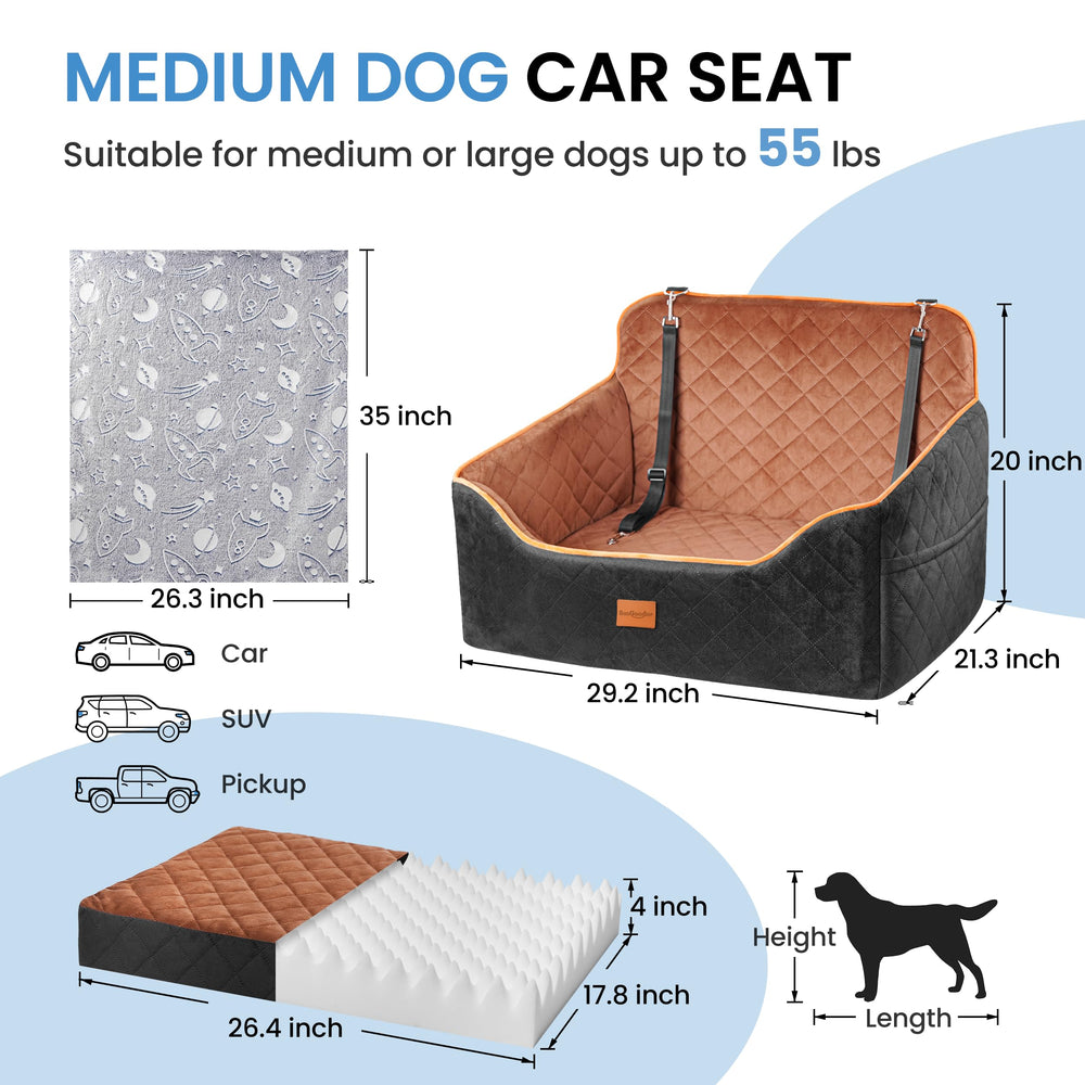 Sangoodier dog car seat medium front view showing cozy booster bed.