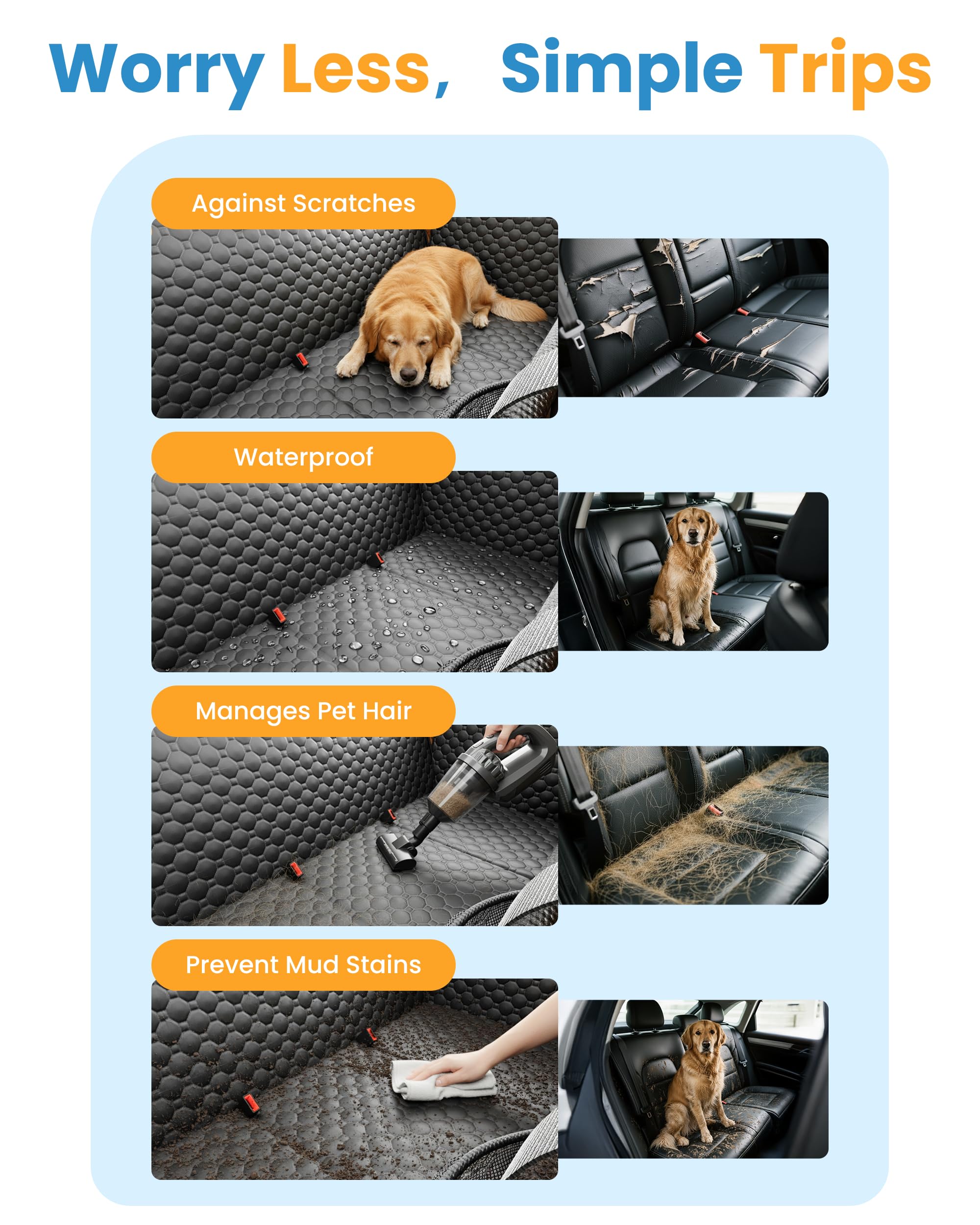 Sangoodier dog seat cover demonstrates extended-space design for comfortable travel.
