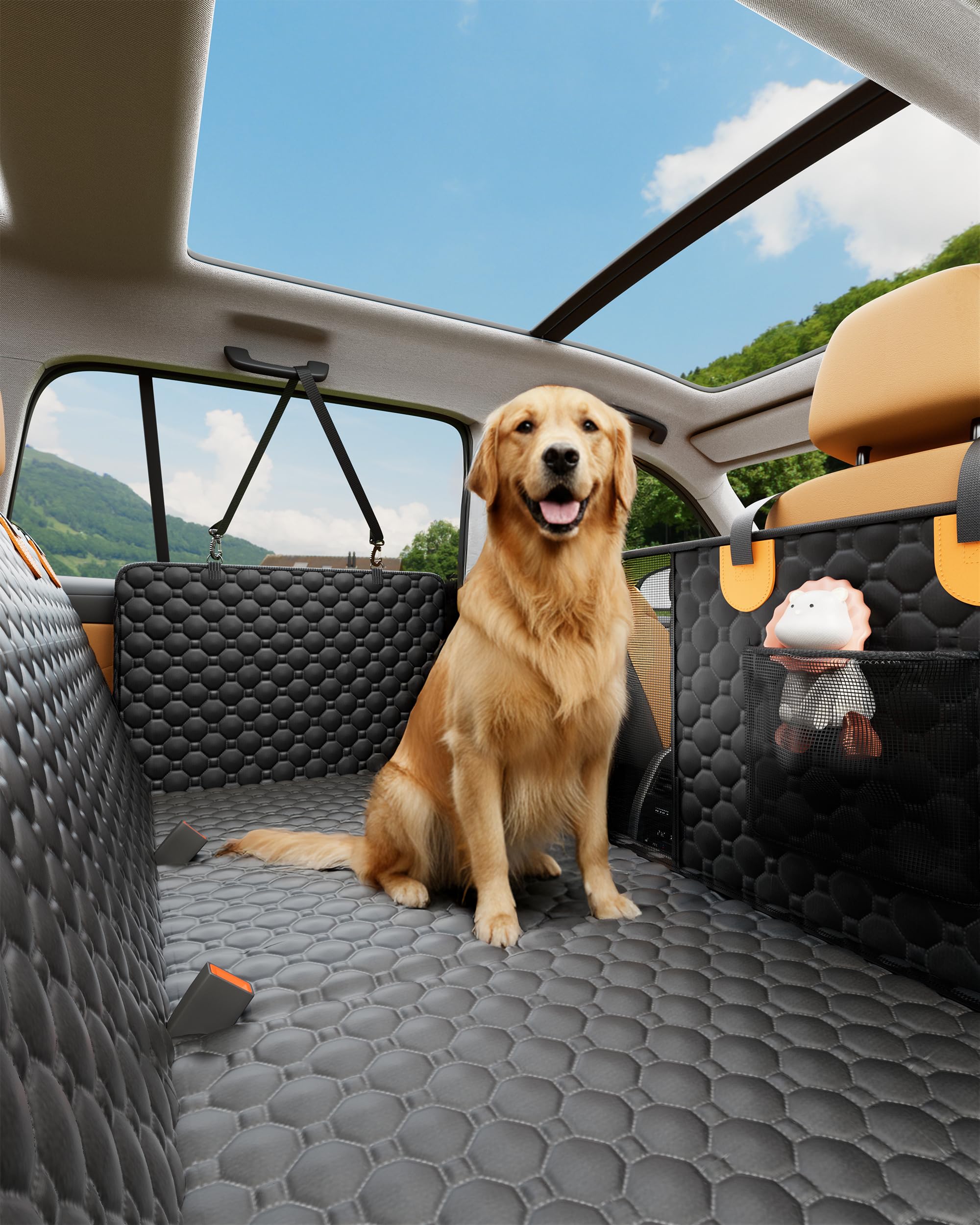 Sangoodier dog seat cover shows universal fit for cars, trucks, and SUVs.