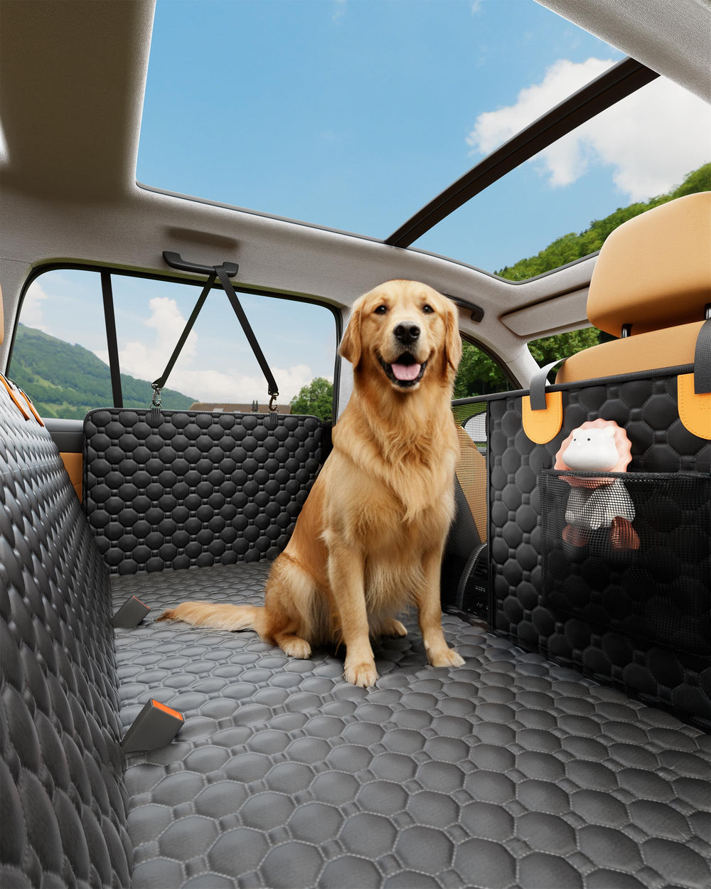 Sangoodier dog seat cover shows universal fit for cars, trucks, and SUVs.