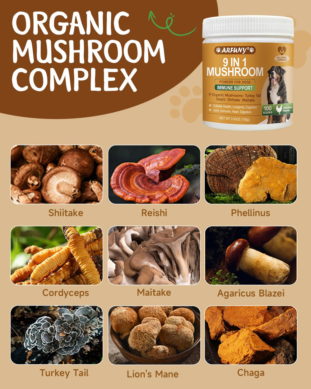 SANTKOL Mushroom for Dogs chicken-flavored powder poured over kibble for easy daily use.