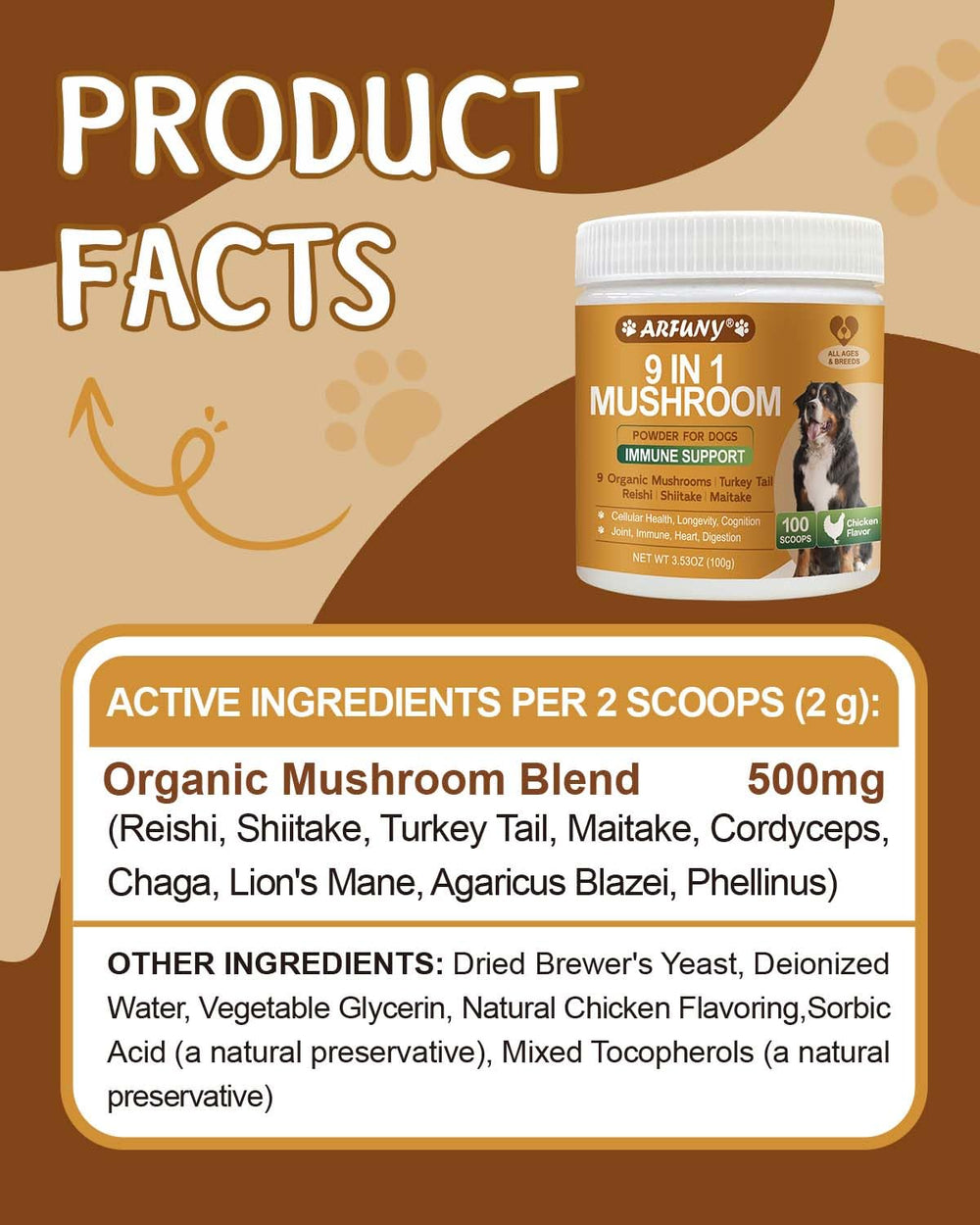 SANTKOL Mushroom for Dogs ingredient panel highlights nine organic mushrooms for holistic wellness.