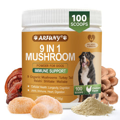 SANTKOL Mushroom for Dogs bottle with Turkey Tail powder ready to sprinkle for joint support.