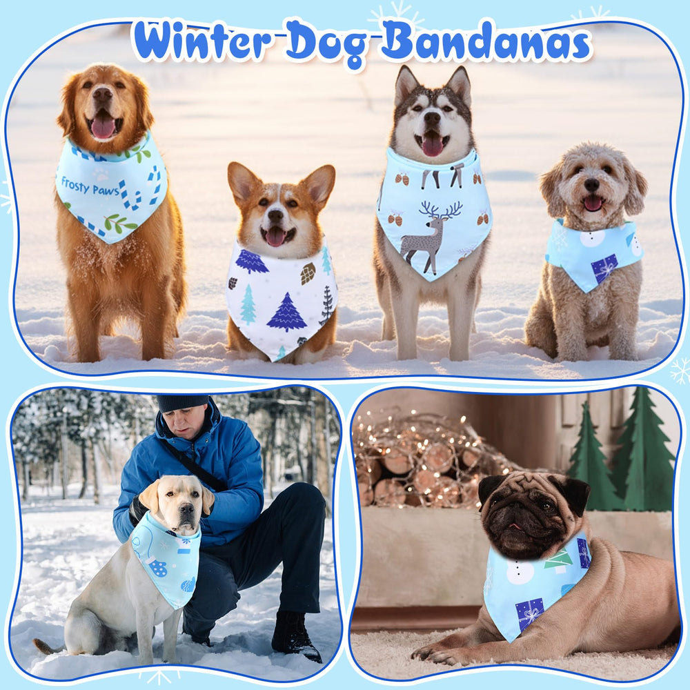 Sanwuta blue snowflake patterned dog bandana on a pet.