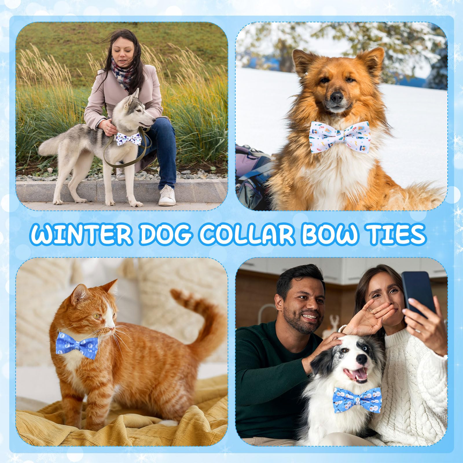 Sanwuta winter dog bow with snowflake pattern brightens holiday photos.